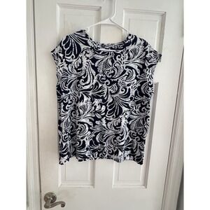 Chico's Sz 2 (L) Navy Blue Paisley Cap Sleeve‎ Tee Boho Artsy Stretchy Soft